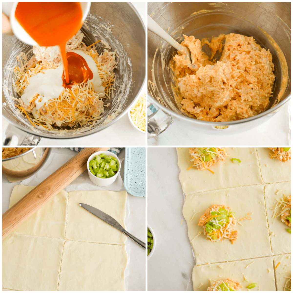 How to Make Buffalo Chicken Puff Pastry Filling collage image.