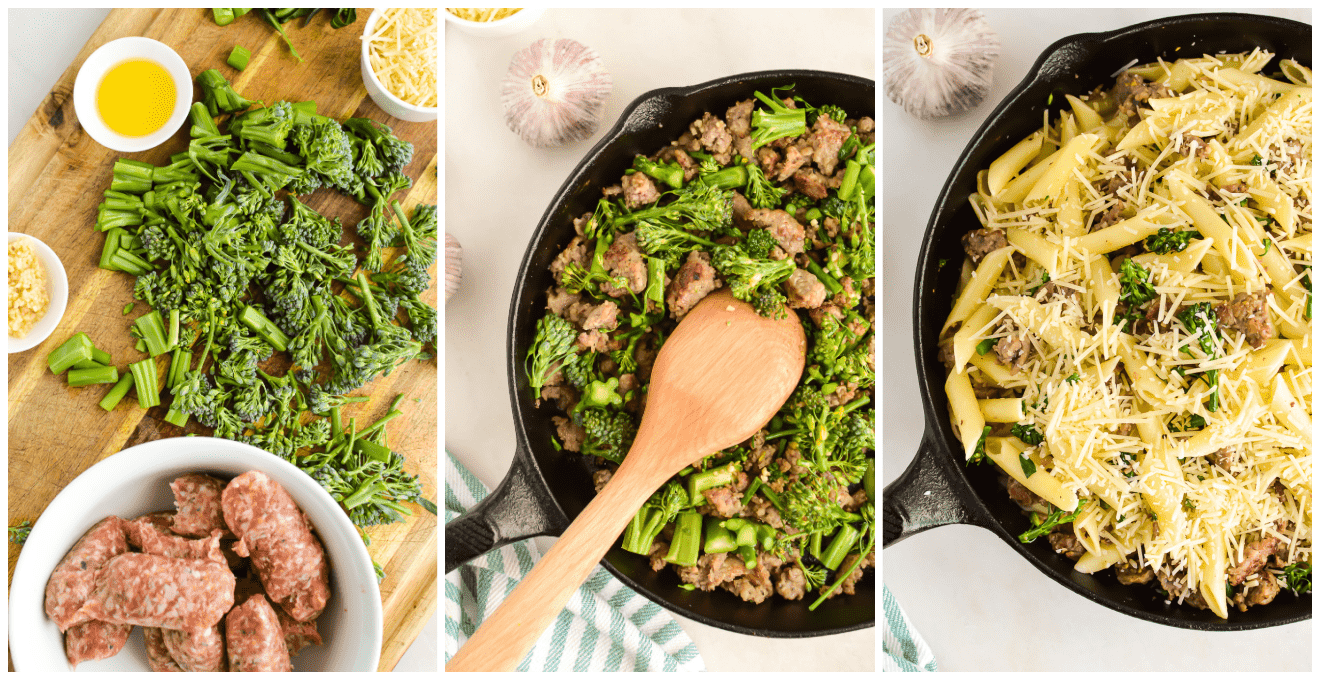 How to make Pasta with Sausage and Broccolini collage image.