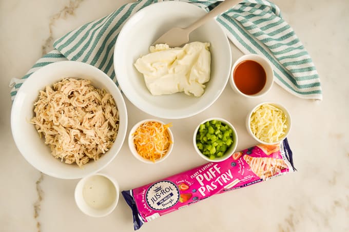 Top down view of Buffalo Chicken Puff Pastry ingredients.