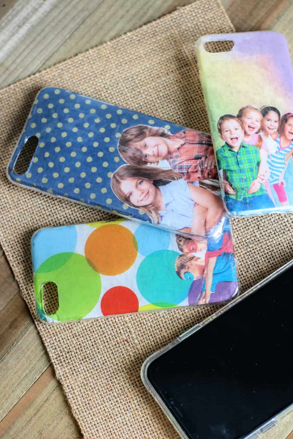 Top down view of Personalized Cell Phone Cases on a tabletop.