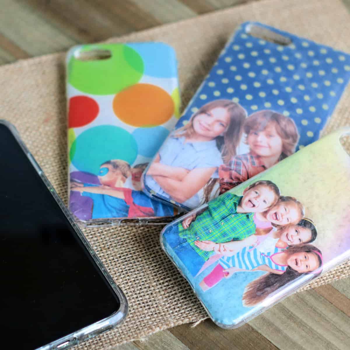 Square view of Personalized Cell Phone Cases on a tabletop.
