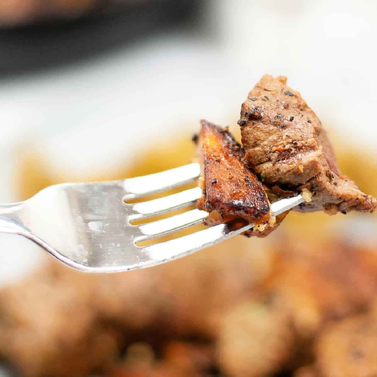 Close up of Close up of Steak Bites and Potatoes on a fork.