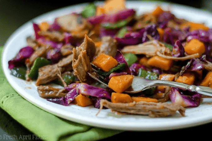 Plate and form with Sweet Potato and Brisket Hash.