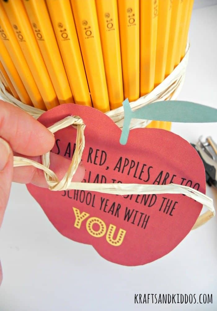 Close up of hand tying rafia on a back to school gift with gift tag.e gift tag attached.