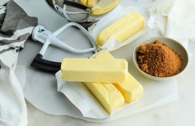 Ingredients to make Brown Sugar Butter on a counter top.