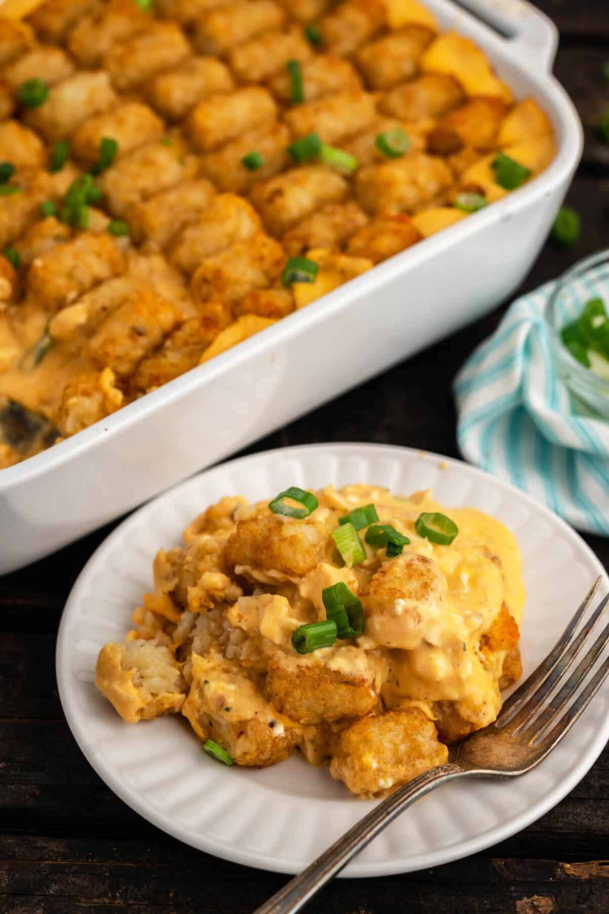Close up of Buffalo Chicken Tater Tot Casserole from Bowl Me Over.