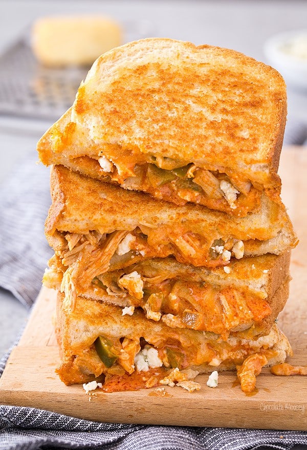 Close up of Buffalo Chicken Grilled Cheese from Homemade in the Kitchen. 