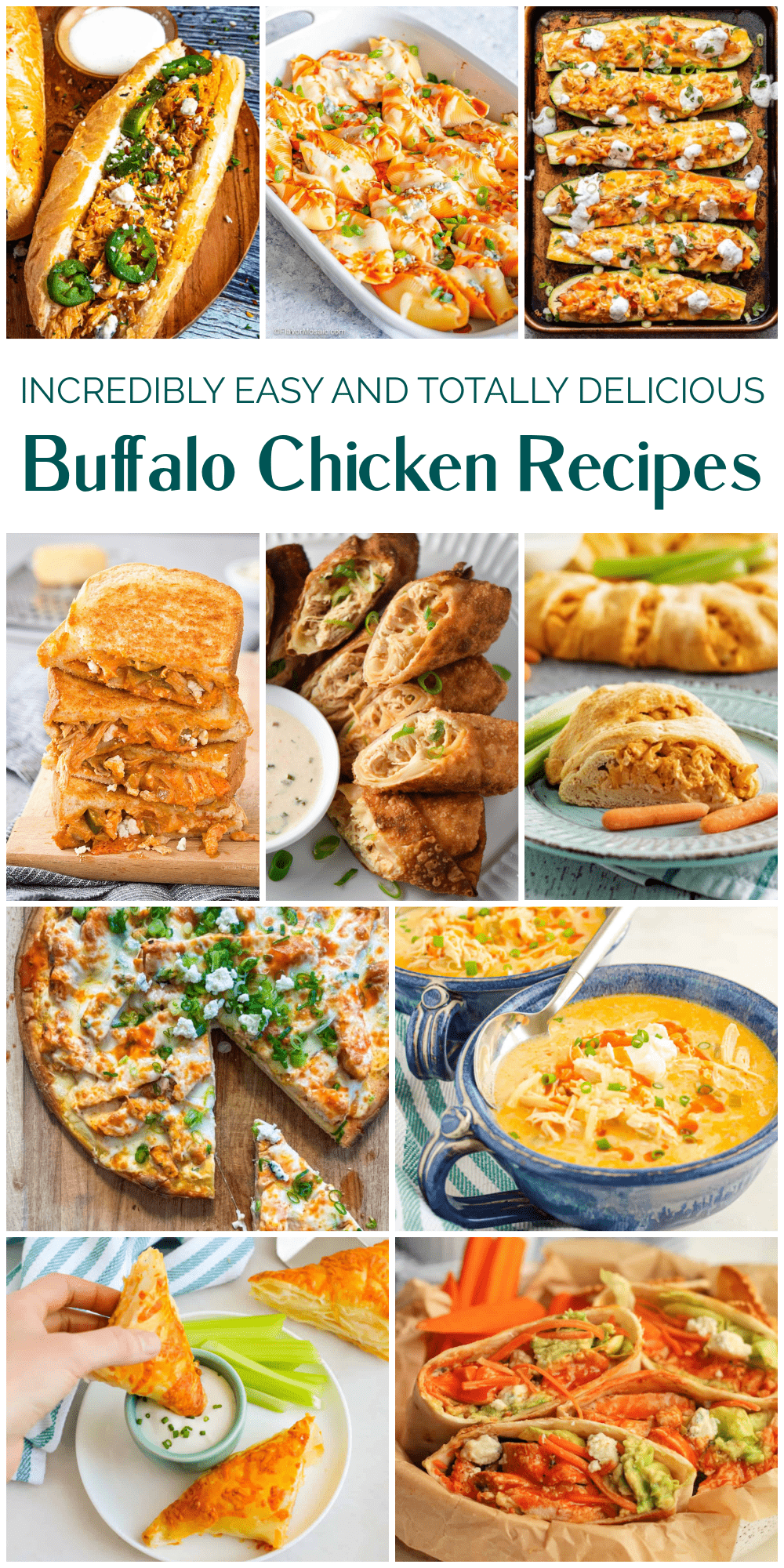 Buffalo Chicken Recipes collage image with text overlay.