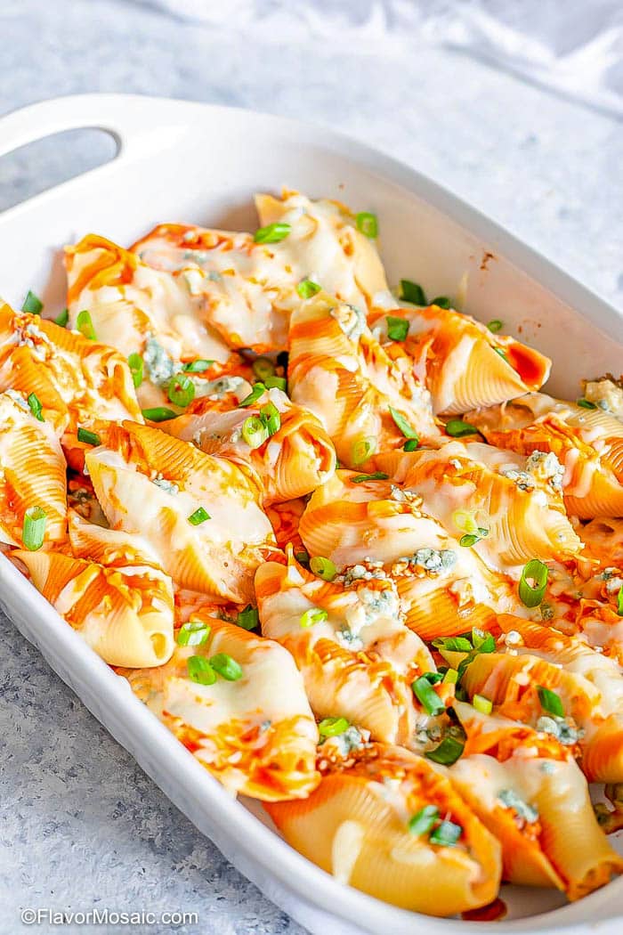 Close up of Buffalo Chicken Stuffed Shells from Flavor Mosaic.