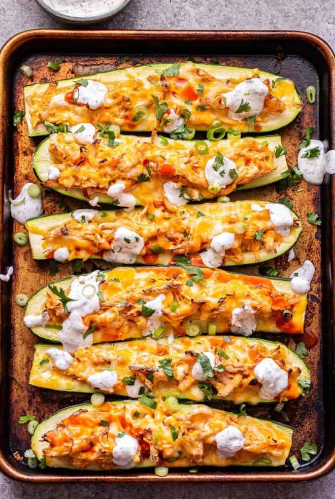 Top view of Buffalo Chicken Zucchini Boats from Recipe Runner.