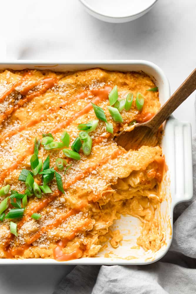 Top view of Buffalo Chicken Pasta Bake from My Everyday Table.