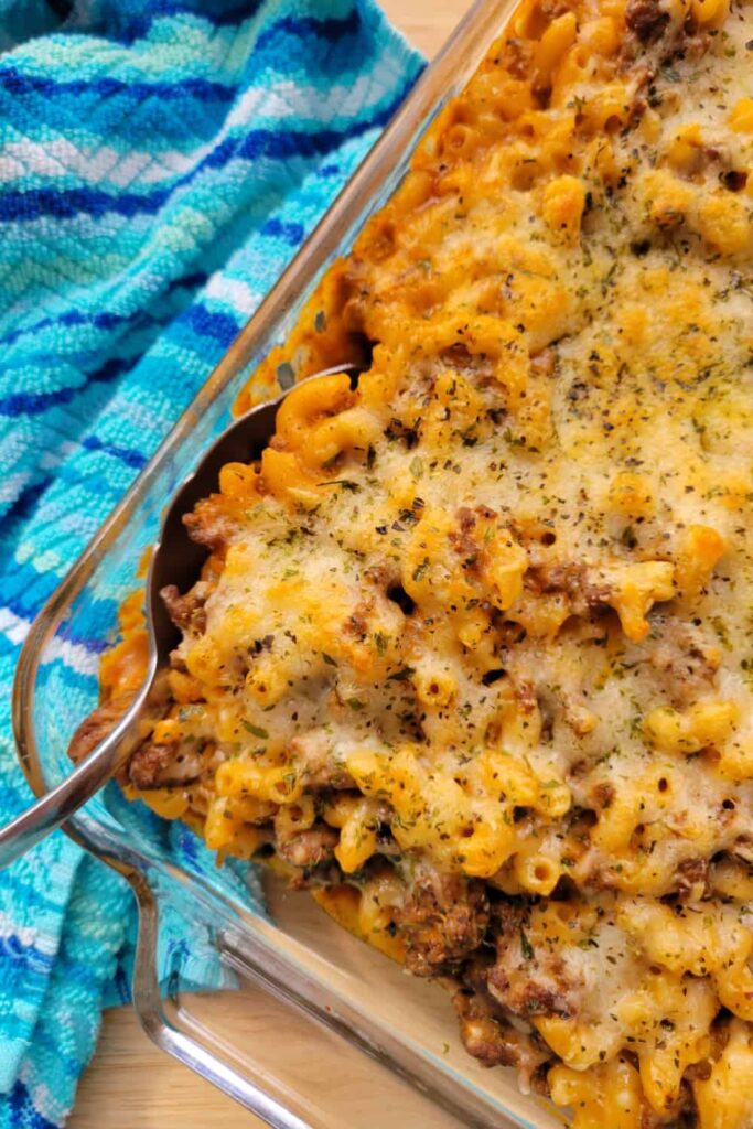 Top down view of Cheesy Hamburger Casserole in a spoon.