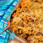 Square top down view of Cheesy Hamburger Casserole in a spoon.