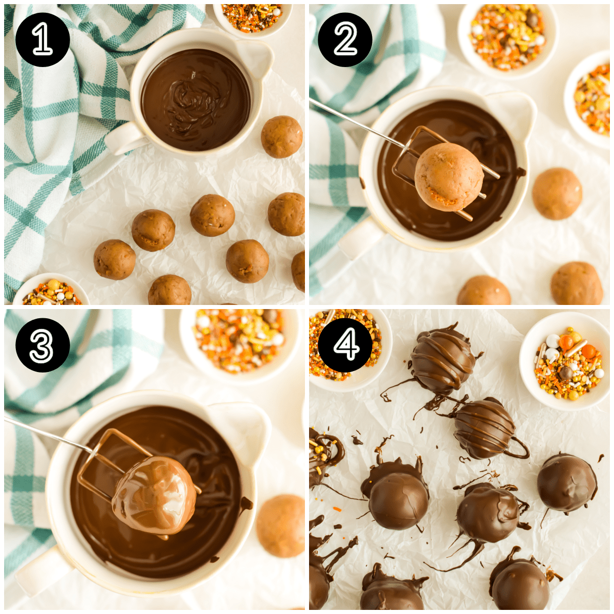 Collage image showing how to dip cake balls in chocolate.
