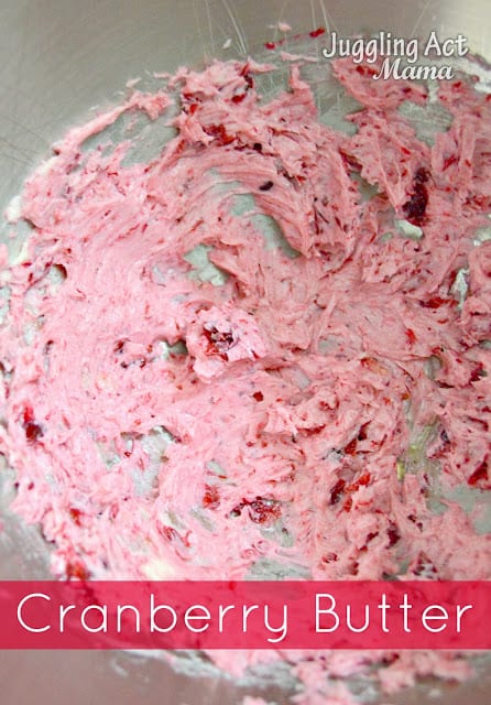 Whipped cranberry butter in a bowl.