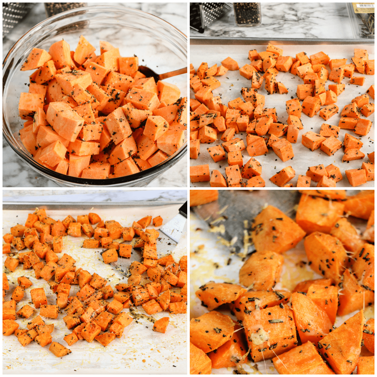 Collage of how to cook rosemary roasted sweet potatoes.