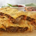 Close up of Meatball Calzone cut into pieces.