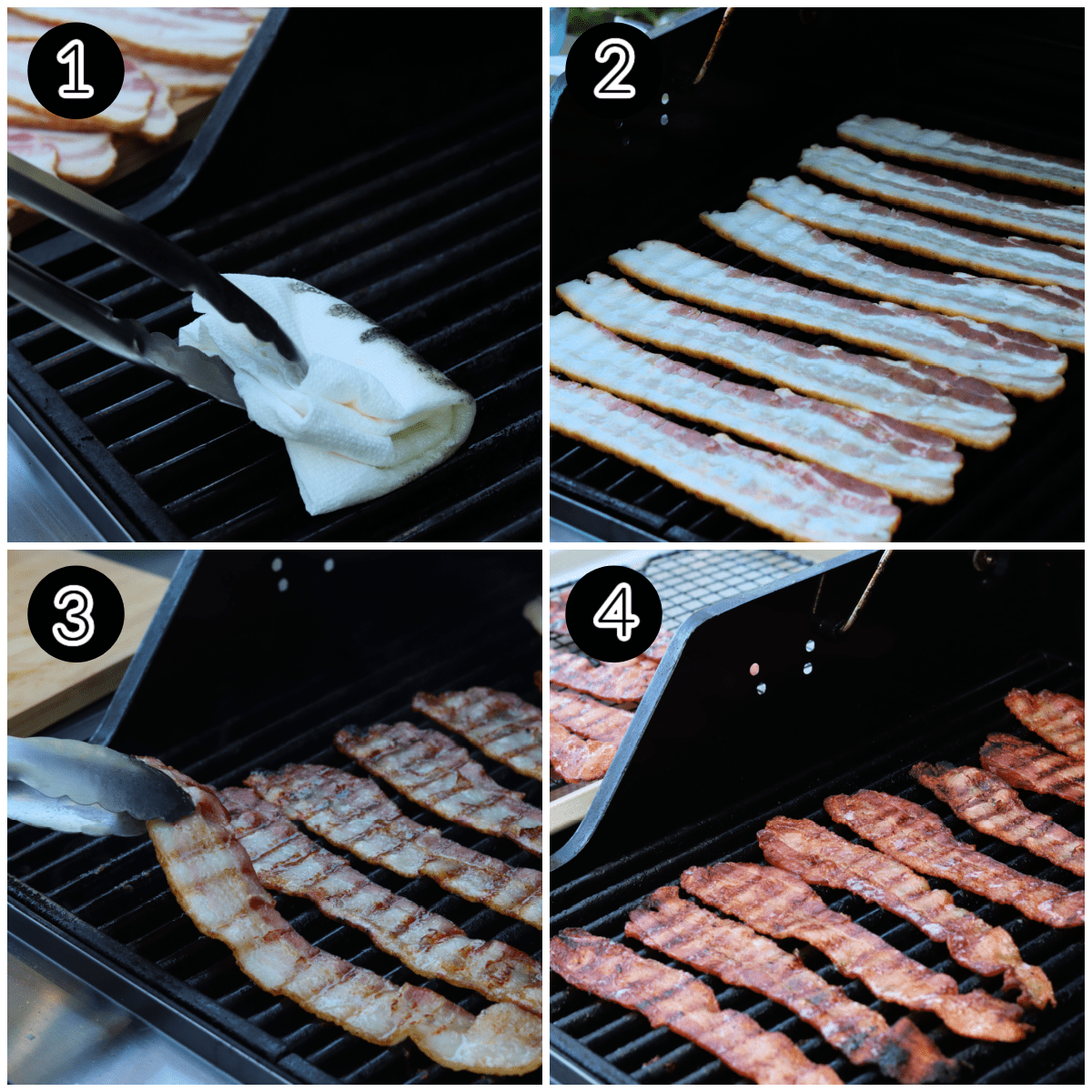 Collage image showing how to grill bacon on a gass grill.