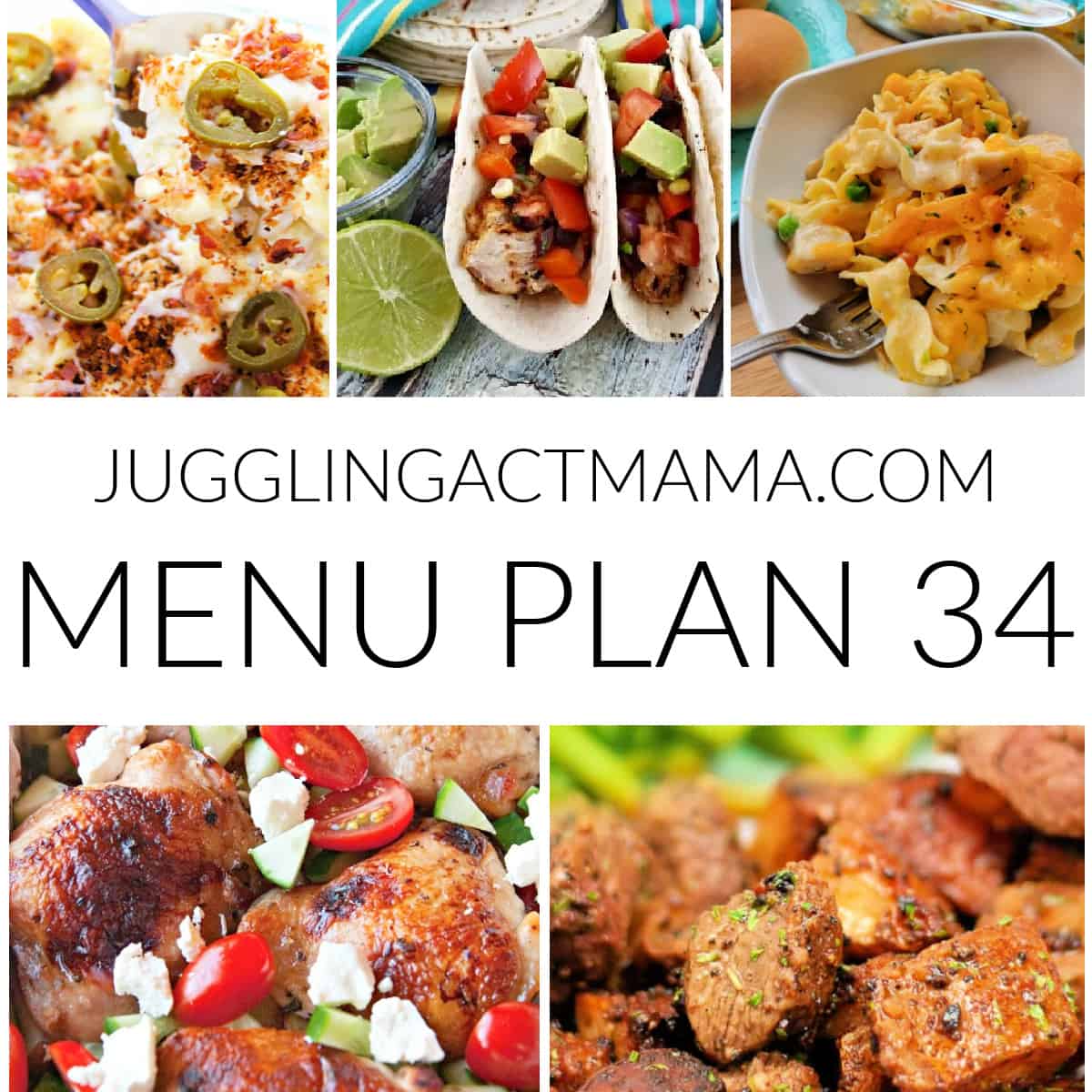 Square collage with text overlay for menu plan 34.