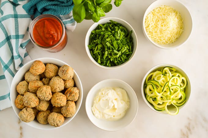 Top down view of Ingredients for Baked Meatball Casserole.