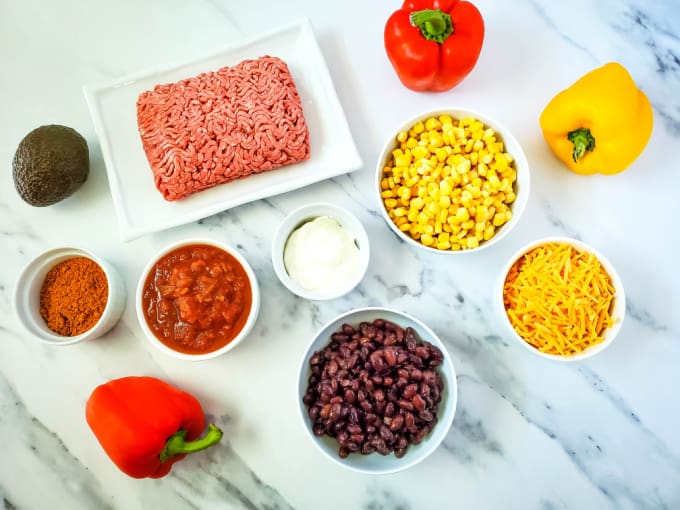 Top down view of Taco Stuffed Bell Peppers Ingredients.