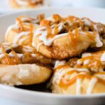 Close up of Apple Danish drizzled with caramel.