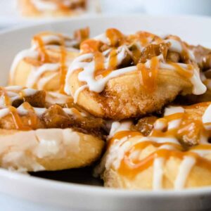 Close up of Apple Danish drizzled with caramel.