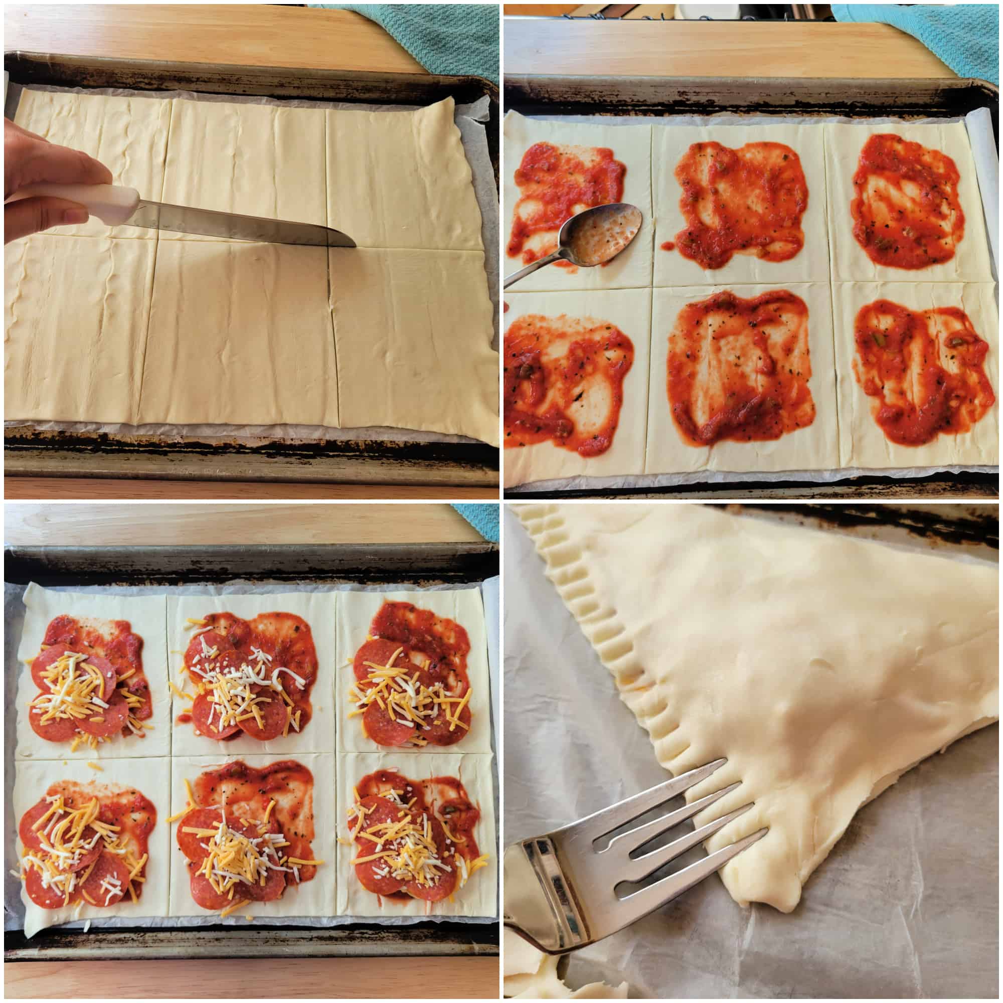 How to Make Homemade Pizza Pockets collage of step by step instructions.