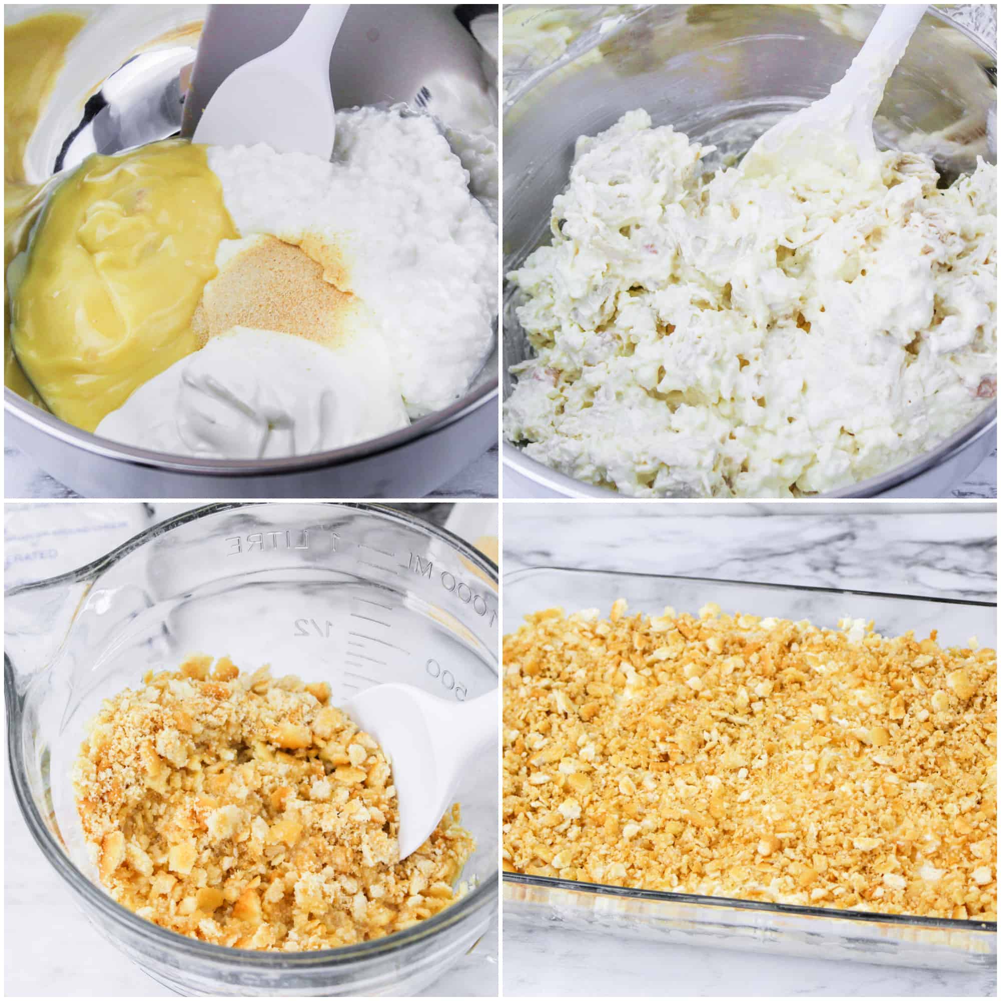 Million Dollar Chicken Casserole Recipe Ingredients collage image.