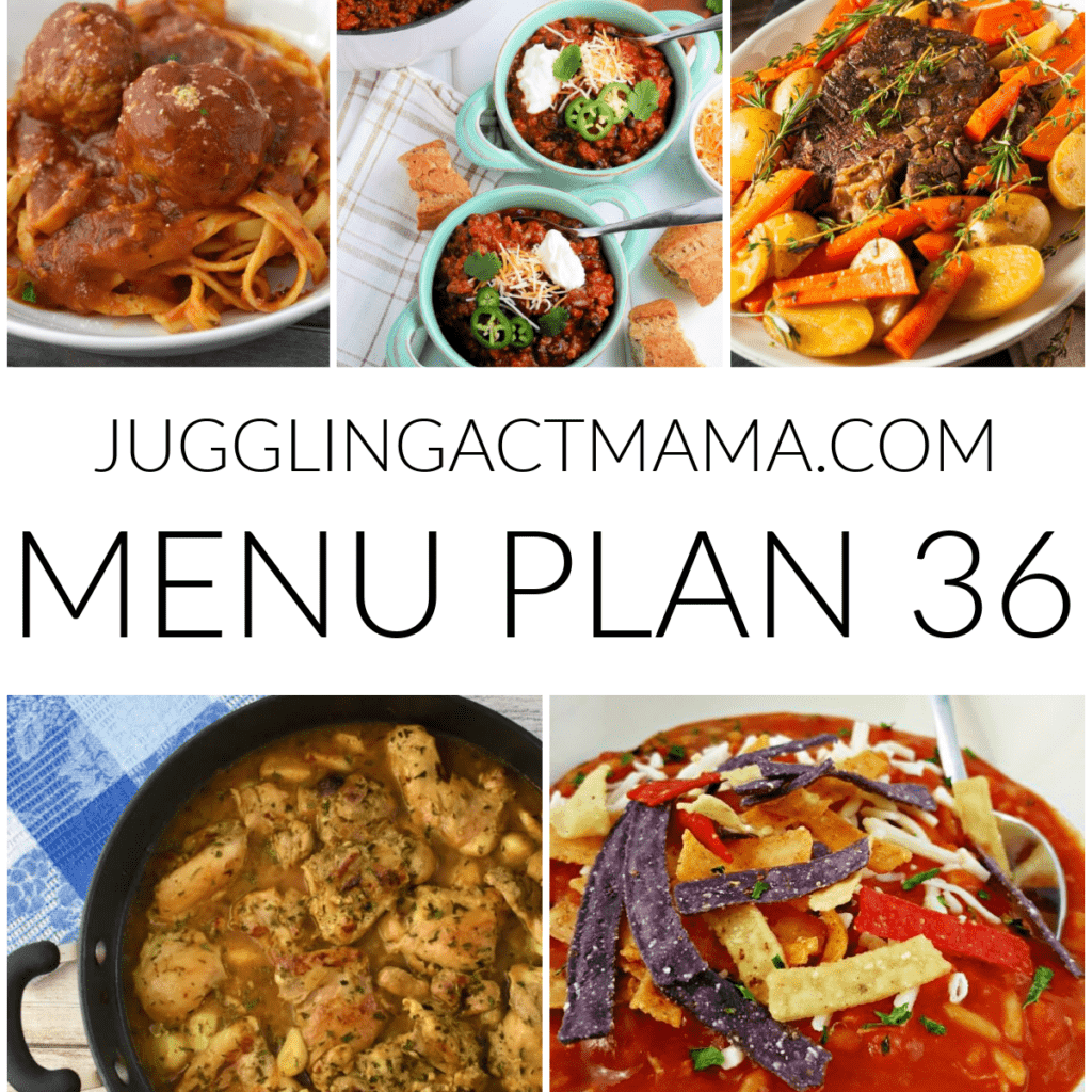 Square collage with text overlay for menu plan 36.