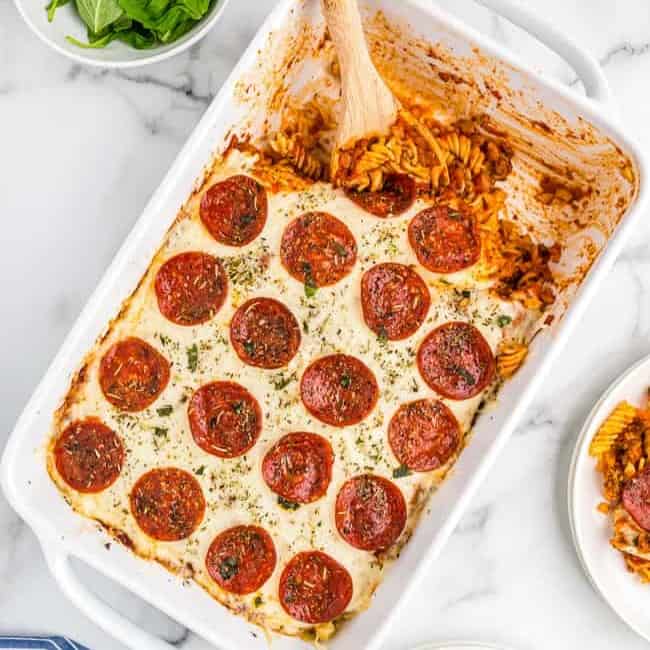 Top down view of pizza casserole.