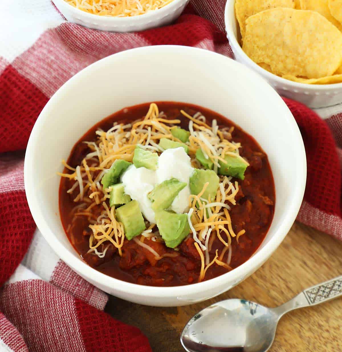 Top down view of Slow Cooker Sausage Chili in a bowl.