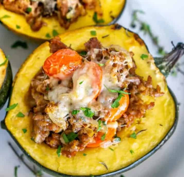 Close up of Sausage Stuffed Acorn Squash.