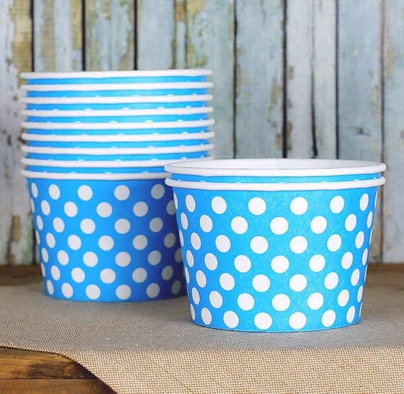 Large Blue Polka Dot Paper Ice Cream Cups, Ice Cream Bowls, Sundae Cups, Ice Cream Party Cups, Dessert Cups, 8 oz Ice Cream Party Cups (18)