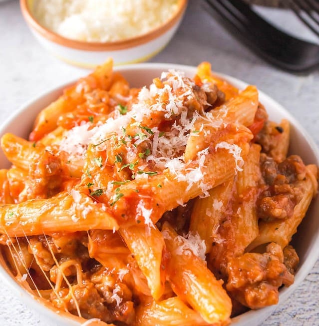Close up of Ground Sausage Peppers and Onions Pasta in a bowl.