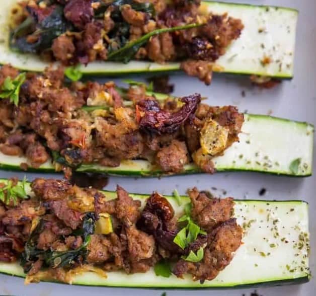 Close up of Stuffed Zucchini with turkey sausage.