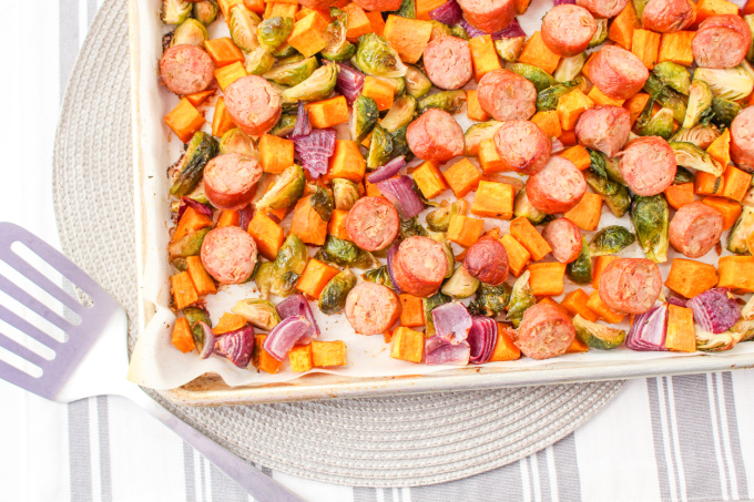Top down view of Chicken Apple Sausage Sheet Pan Dinner.