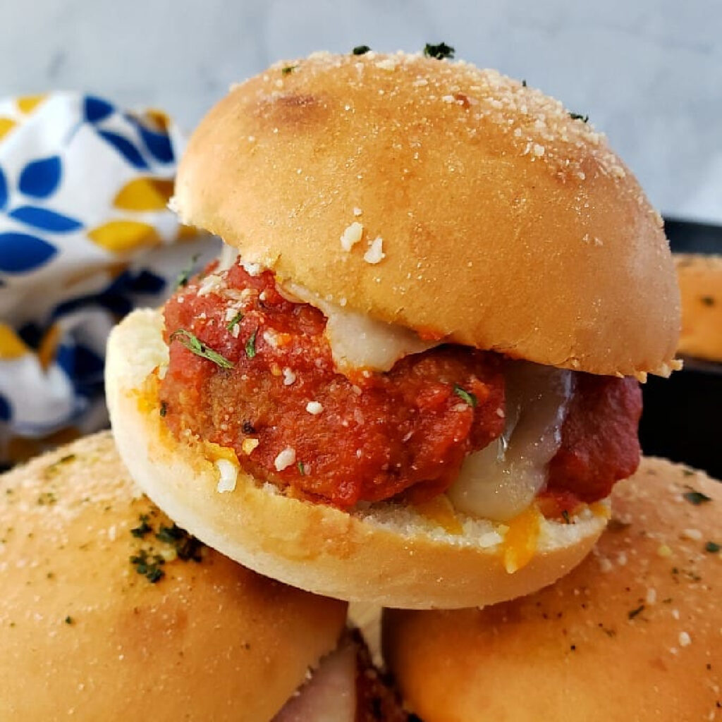 Stack of meatball sliders.