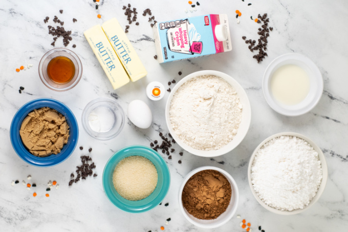 Top down view of Halloween Cookie Bars Ingredients.