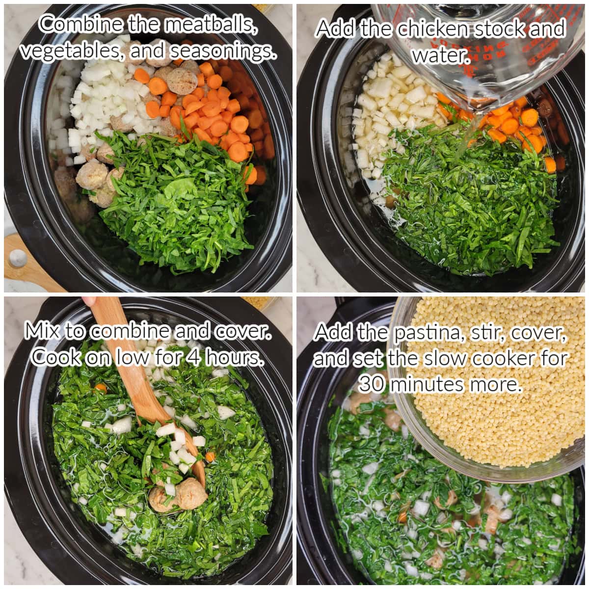 How to Make Italian Wedding Soup in a Slow Cooker collage image with instructions text overlay