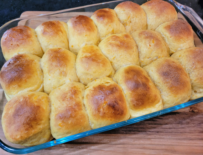 Large pan of Old Fashion Sweet Potato Rolls.