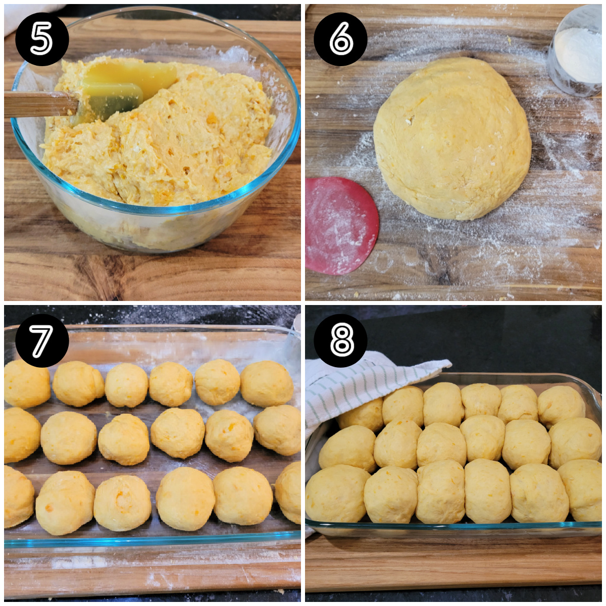 Collage of how to make sweet potato rolls steps 5-8.