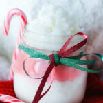Peppermint Sugar Scrub Recipe - close up of holiday layered sugar scrub.