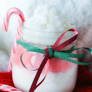 Peppermint Sugar Scrub Recipe - close up of holiday layered sugar scrub.