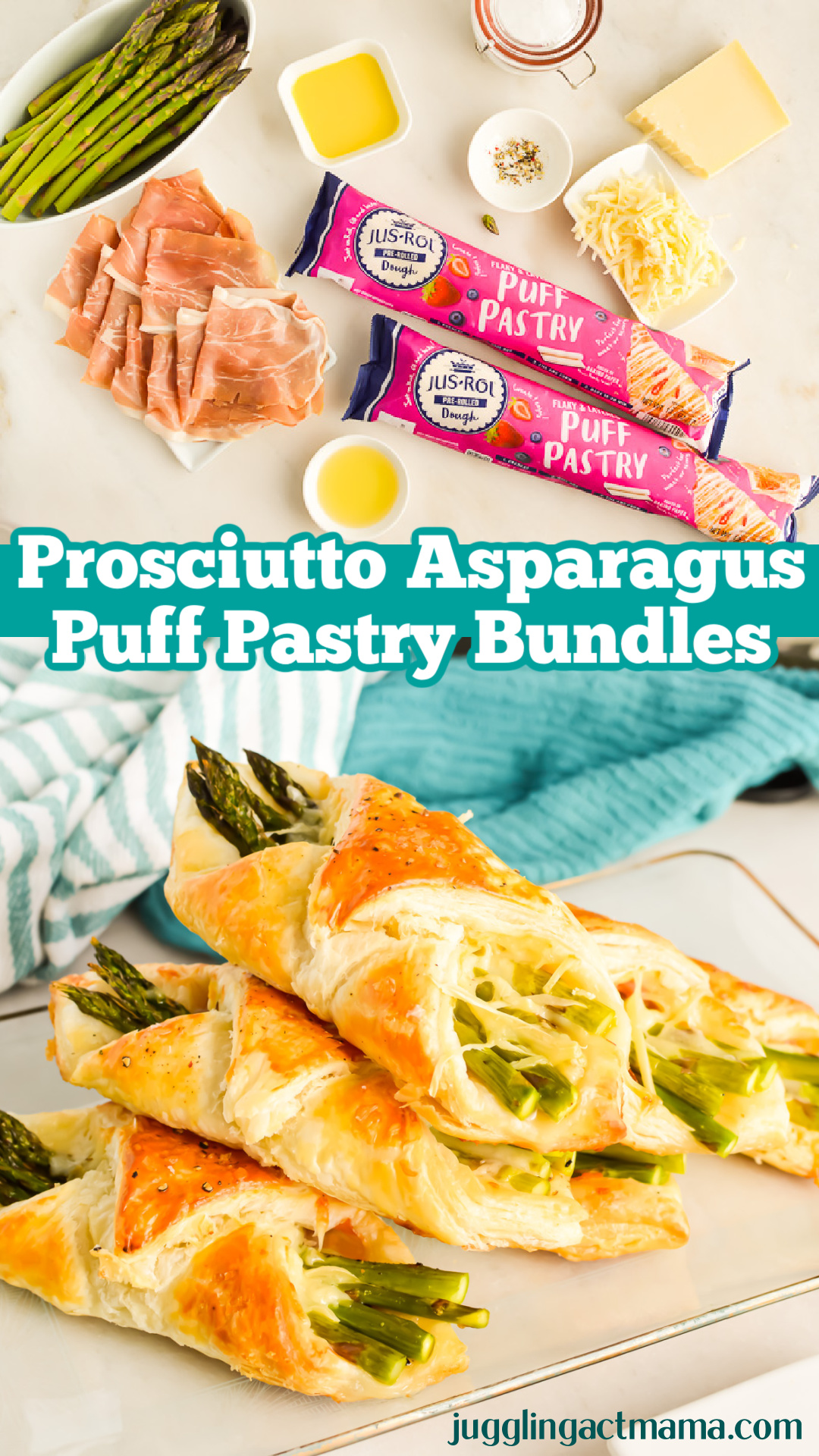 Collage image of Prosciutto Asparagus Puff Pastry Bundles.