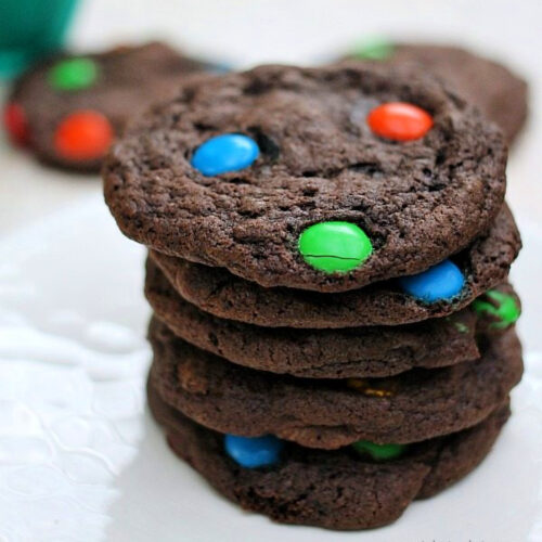 Close up of a stack of Brownie M&M Cookies.