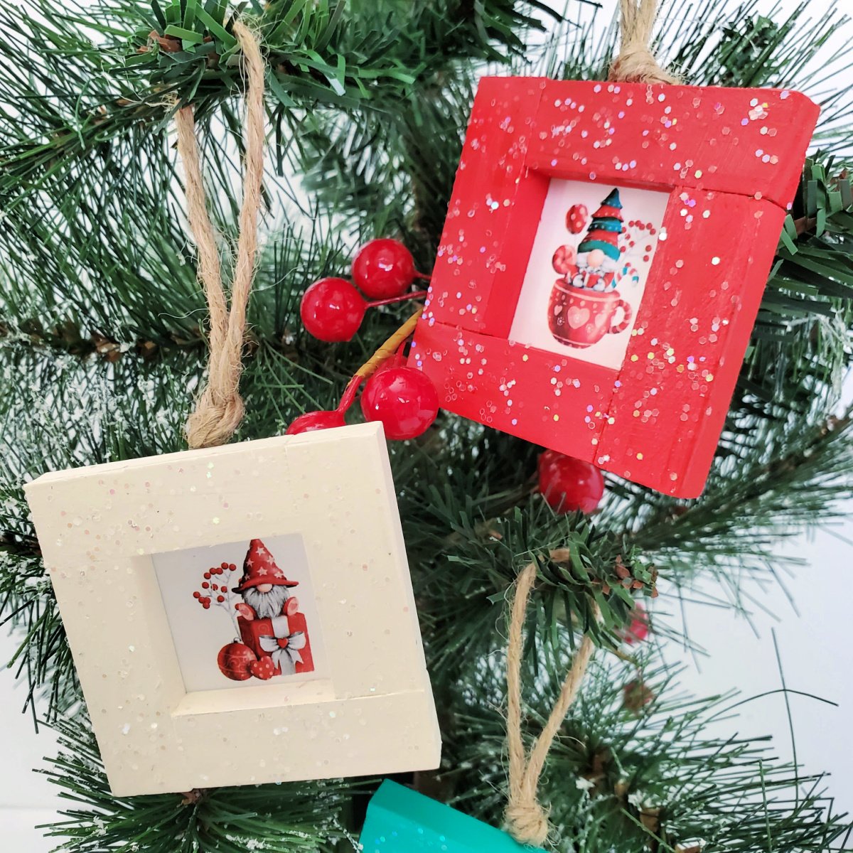 Close up of Gnome Jenga Block Ornaments.
