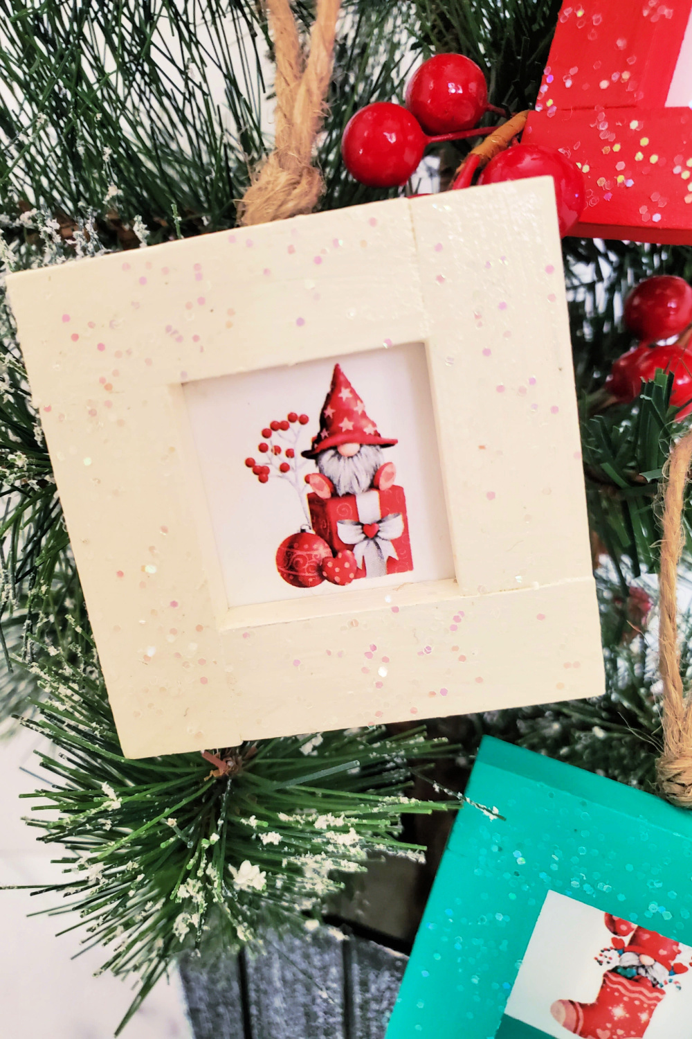 Close up of Gnome Jenga Block Ornament.