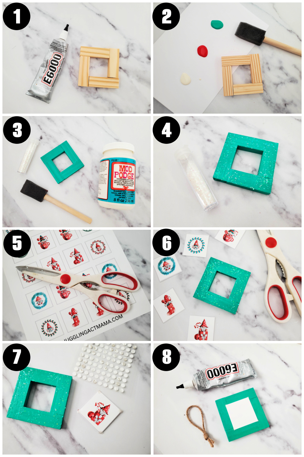 Collage image showing How to Make Jenga Block Ornaments.