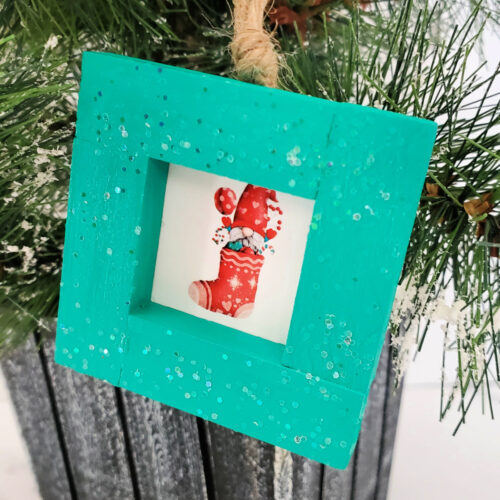 Close up of Jenga Block Christmas Ornaments.